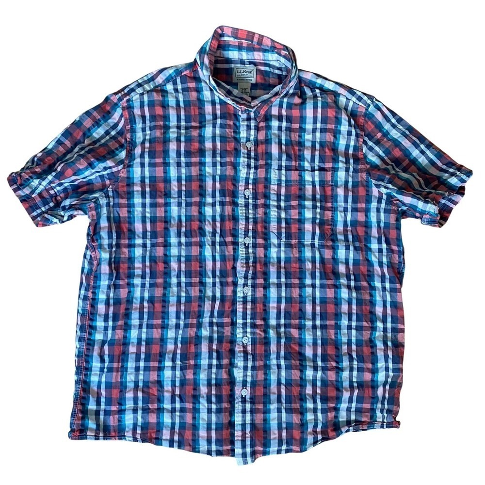 LL Bean Plaid Short Sleeve Button Up Shirt XL Organic Cotton Slightly Fitted
